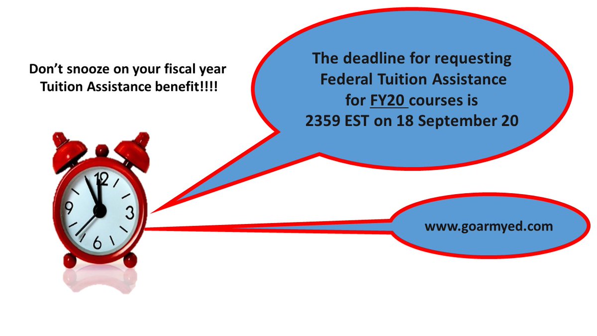 ArmyUniversity's tweet photo. Soldiers may submit TA requests for FY20 course enrollments until 11:59 PM (2359) EST on 18 September 2020.
Soldiers can continue requesting TA for FY21 enrollments; however, the funding for these courses are subject to availability of funds.
#GoArmyEd GoArmyEd https://t.co/GAYz2T1KHj