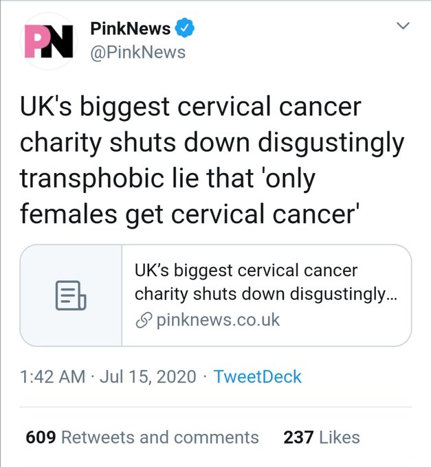  #nooneissayingsexdoesntexist but you're not allowed to mention that only females get cervical cancer. BTW:  https://www.cancerresearchuk.org/about-cancer/screening/trans-and-non-binary-cancer-screening#screening20  #OnlyFemalesGetCervicalCancer