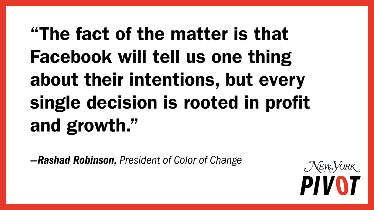 NYMag's tweet photo. .@rashadrobinson, president of @ColorOfChange, explains that Facebook’s business decisions are rooted in keeping powerful people happy in order to maximize their profits — despite what the company might say to the contrary.

Listen to #PivotPodcast: https://t.co/bUAnI8AfBe https://t.co/gcNzQhcyYq