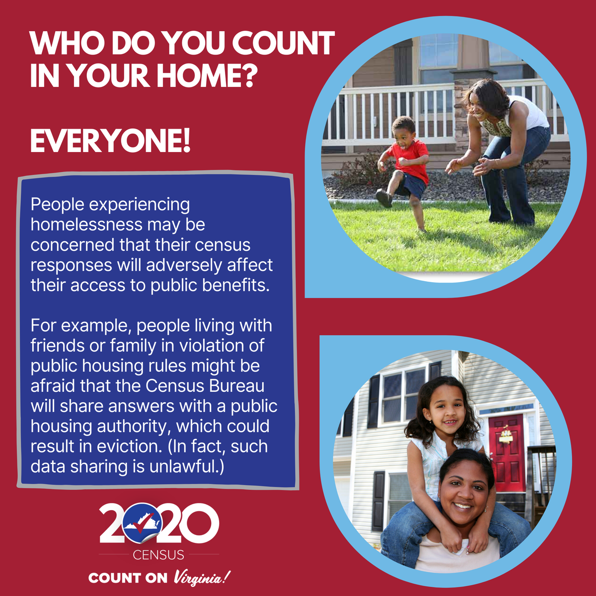 CountOnVirginia's tweet photo. Who counts in the #2020Census in your home? Everyone! We know there is cause for worry among people experiencing homelessness that their responses can adversely affect them. But remember, Census data is strictly confidential and cannot be shared with anyone! #CountOnVirginia https://t.co/GTAsp75osx