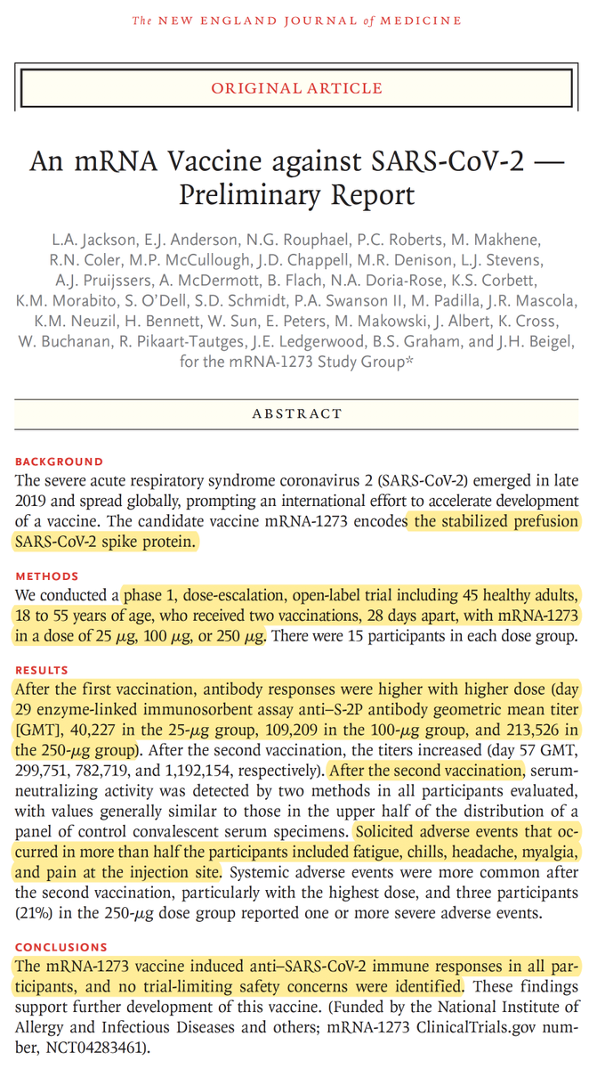 The Phase 1 of the  @moderna_tx  #SARSCoV2 vaccine results published  @NEJM today and they are very encouraging for immune response and safety in 45 healthy people, 2 shots, increasing doses  @KPWaResearch  https://www.nejm.org/doi/full/10.1056/NEJMoa2022483?query=featured_home