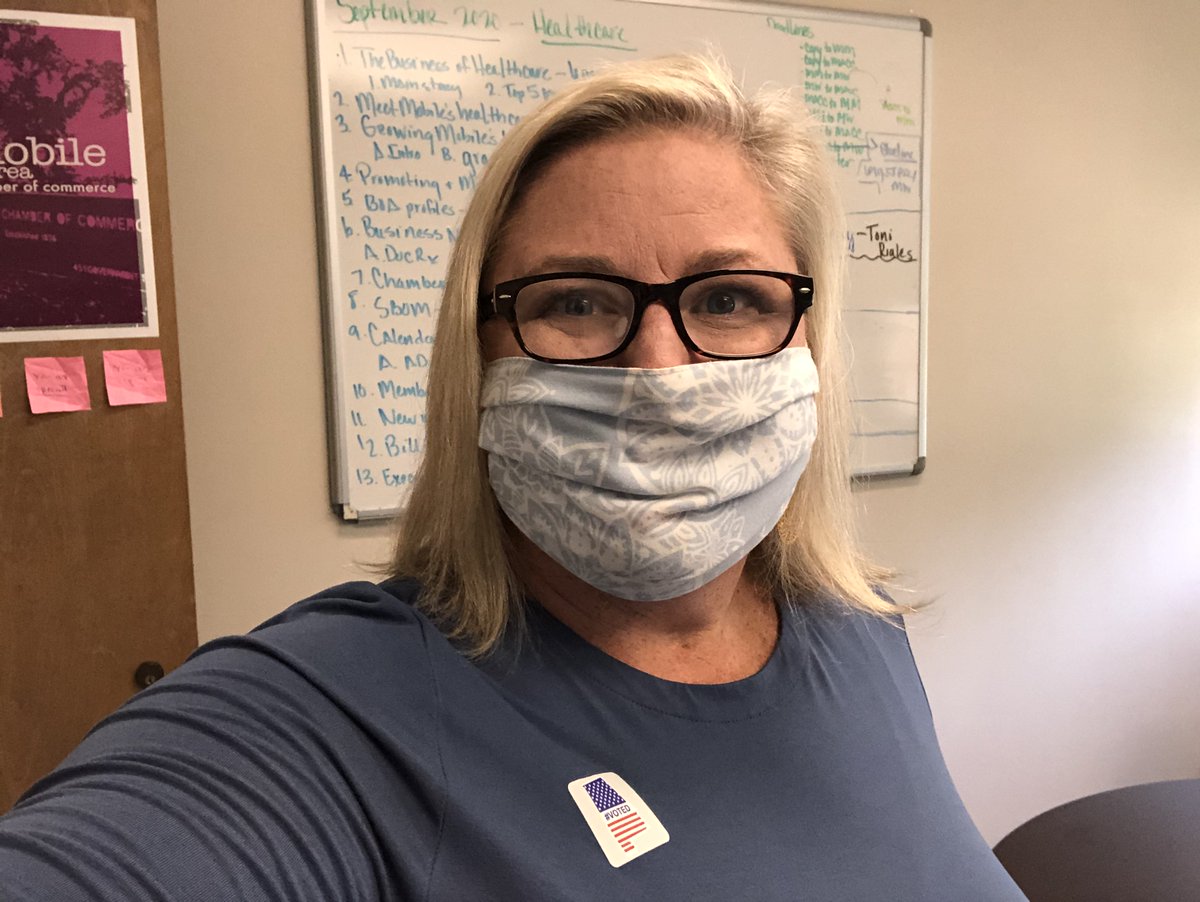 MobileChamber's tweet photo. Chamber VP of Communications &amp; Marketing Leigh Perry-Herndon wears a face covering. She says, "I wear a face covering because selfishly, our family had to cancel too many fun spring/summer activities, and I'm ready to hit to road again and travel." #whyIwear @ilovemchd https://t.co/rOUruYLEks