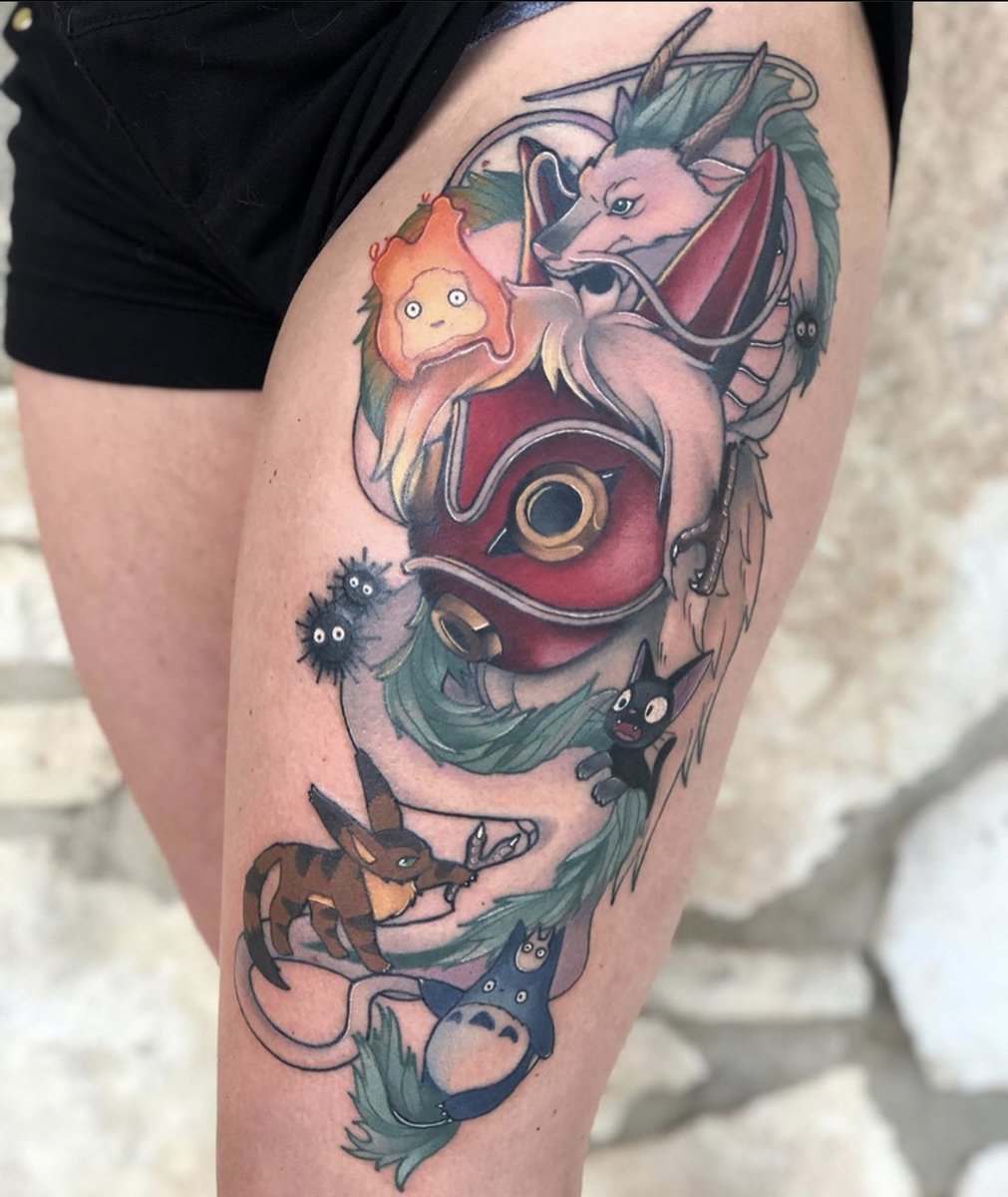 CorinGilbert's tweet photo. Studio Ghibli mash up I tattooed on the thigh (: #studioghibli #tattoo #tattooartist #texas #sanantonio #Ghibli https://t.co/KFVwibIsCn