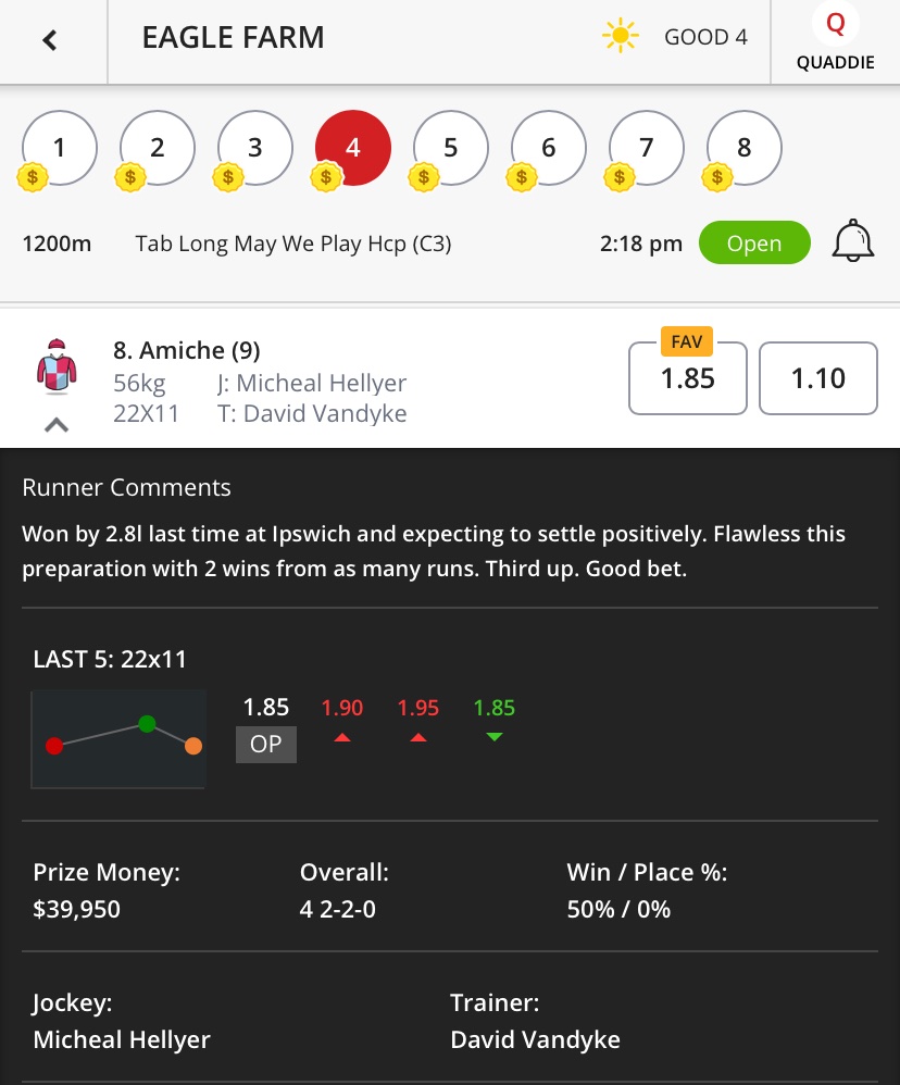 Tipswich2's tweet photo. Betting today at @EagleFarmRacing 
R4 Amiche. 2u WIN best tote. On this filly last time at Ippy. Keen to watch some #IppyForm fly around this afternoon. 
Goodluck if you’re #OnThePunt. 

@VandykeRacing1 @Hellyer7 https://t.co/nmleSC8qzG