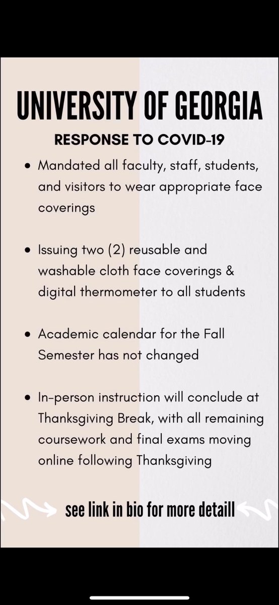uga_ghc's tweet photo. Below are a few updates to keep you informed regarding COVID-19 &amp; changes that UGA will be making in the fall. Visit the link in our Instagram bio for more information! @uga_ghc. https://t.co/ziBCe2ev8x