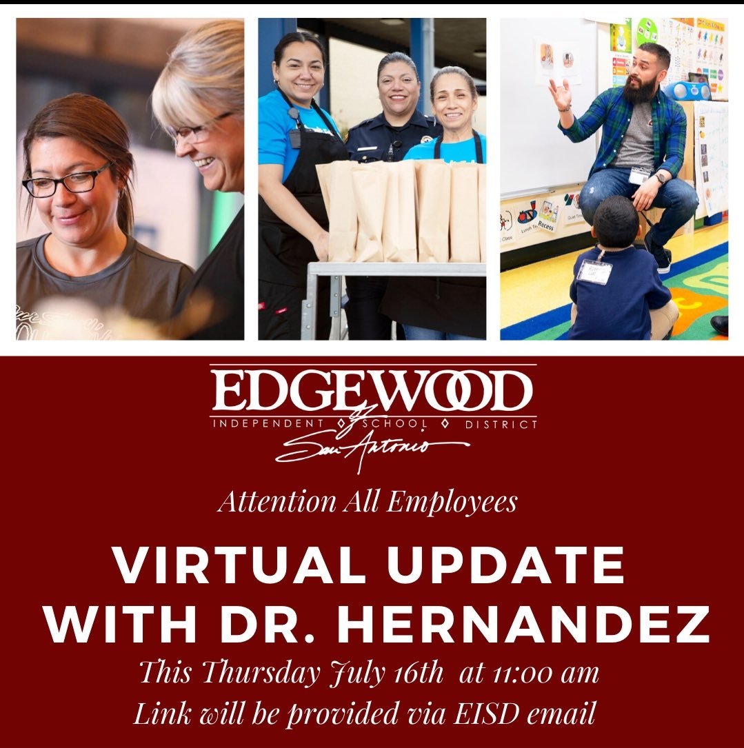 DrH_OnTheEdge's tweet photo. In an effort to Communicate Early &amp; Communicate Often we offer opportunities for you to become informed on our plans to return to school! Please stay respectful &amp; help us “Serve &amp; Support” you &amp; our Edgewood Community!
#EISDSUPTSERIES
@EISDofSA @MarthaICastill1 @SCamachoDAVANDC https://t.co/xmznqbFel1