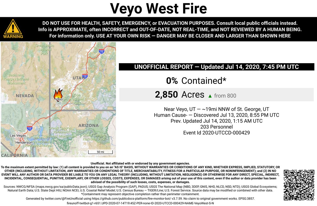 UtahNevFireBot's tweet image. #VeyoWestFire 🔥 unofficial, automated update.
Near Veyo, UT. ⚠️ DO NOT USE FOR SAFETY PURPOSES - See officials instead. May be incorrect; disclaimers in images.