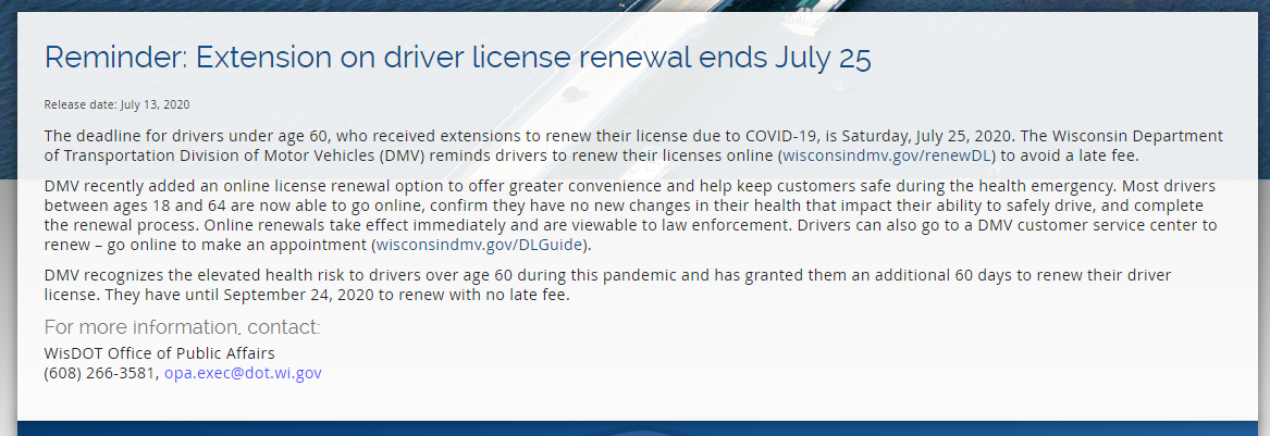 RepKulp's tweet photo. Please see this press release from @WisconsinDOT. You can utilize their online license renewal option for convenience!

https://t.co/qNJNZiqMMH https://t.co/ET2iPx4GSS