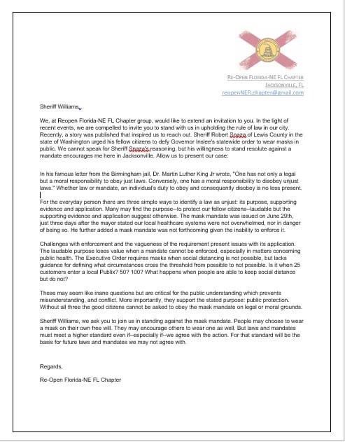 RachelHanes10's tweet photo. Open letter to Sherriff Williams from #reopen Florida group. Reopen Florida-NE FL chapter is a group of nearly 1,000 Jacksonville citizens. @BenBeckerANjax @ActionNewsJax @lennycurry @CityofJax @JSOPIO @FCN2go https://t.co/9K6B2TLoqg