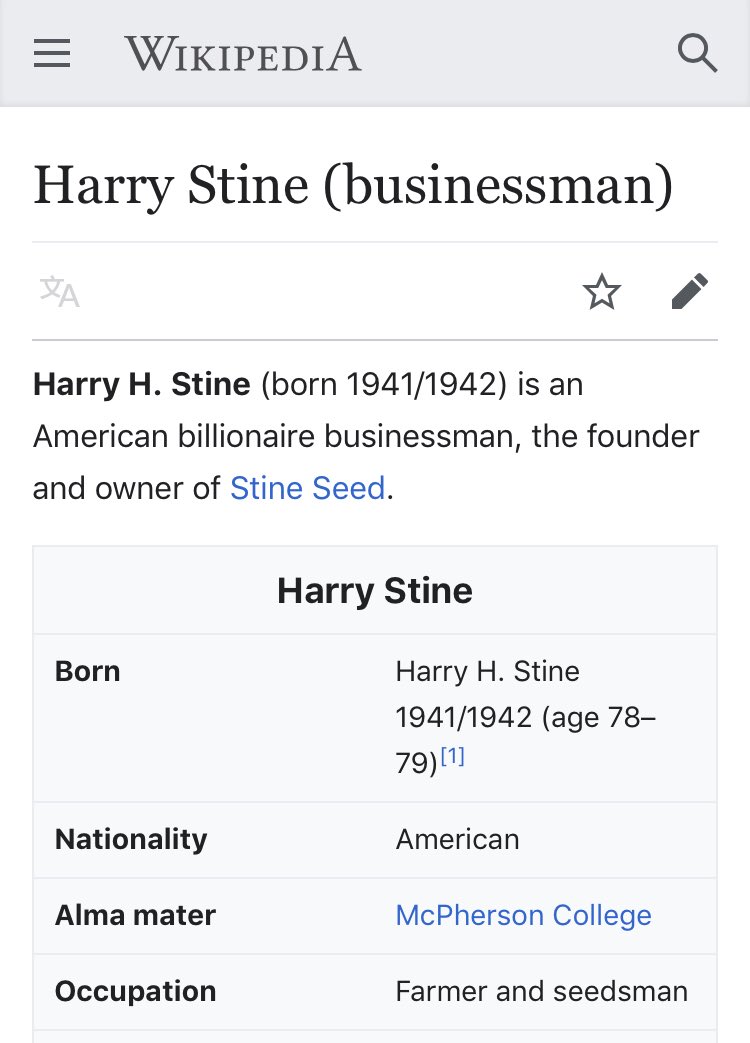60/ HARRY STINEFarming and Founder of massive seed company...which specializes in genetic modification of corn/soybeans for MonsantoDonates Republican - but that seed control is a major detail 