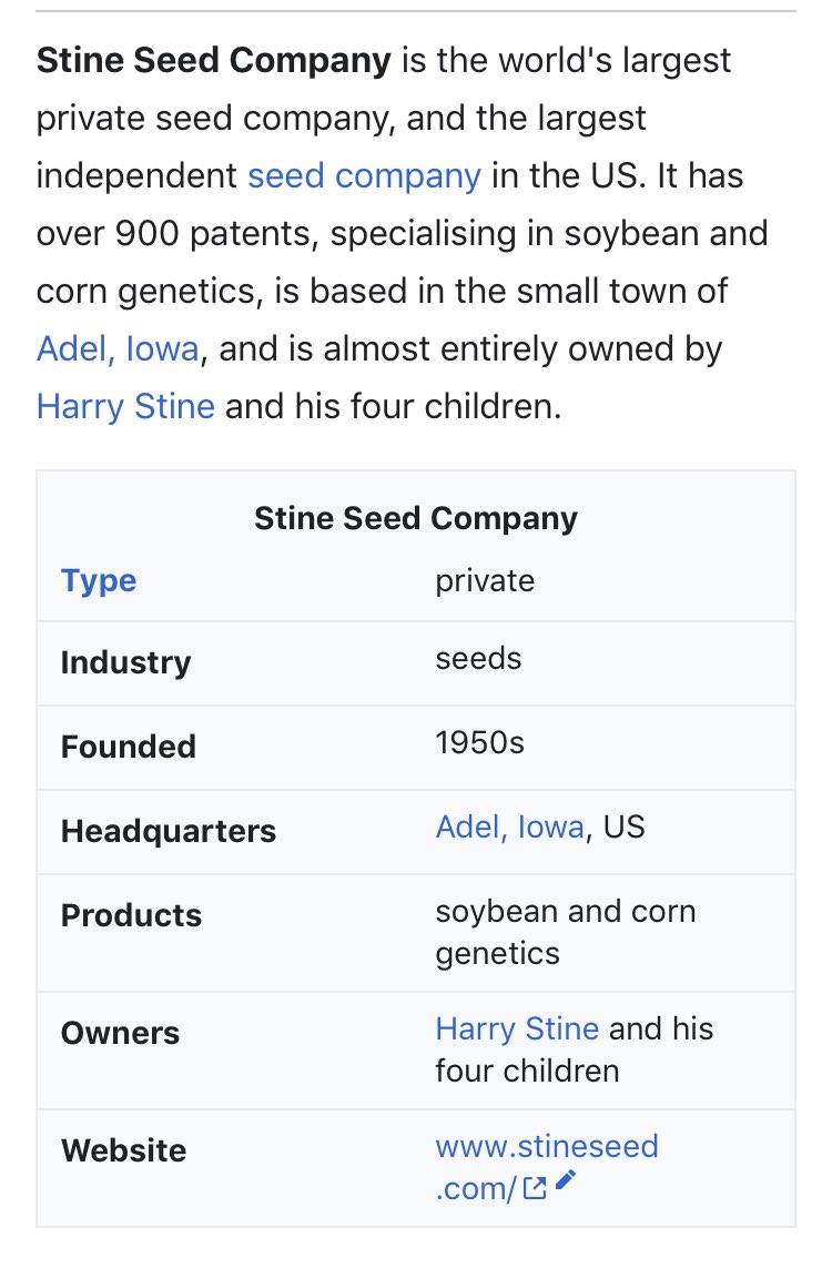 60/ HARRY STINEFarming and Founder of massive seed company...which specializes in genetic modification of corn/soybeans for MonsantoDonates Republican - but that seed control is a major detail 