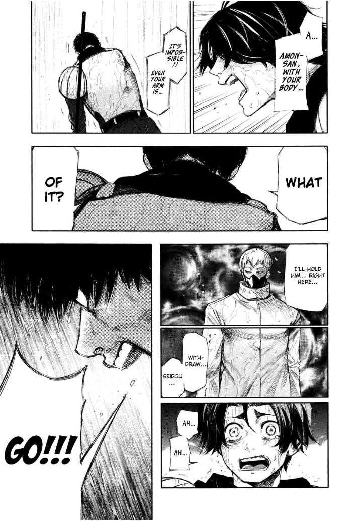 No way Amon is actually dead lol. Probably kidnapped and experimented on by that scientist. Maybe turned into a half ghoul like Kaneki.Also jfc that last panel, what an ending. Something something we live in a society.