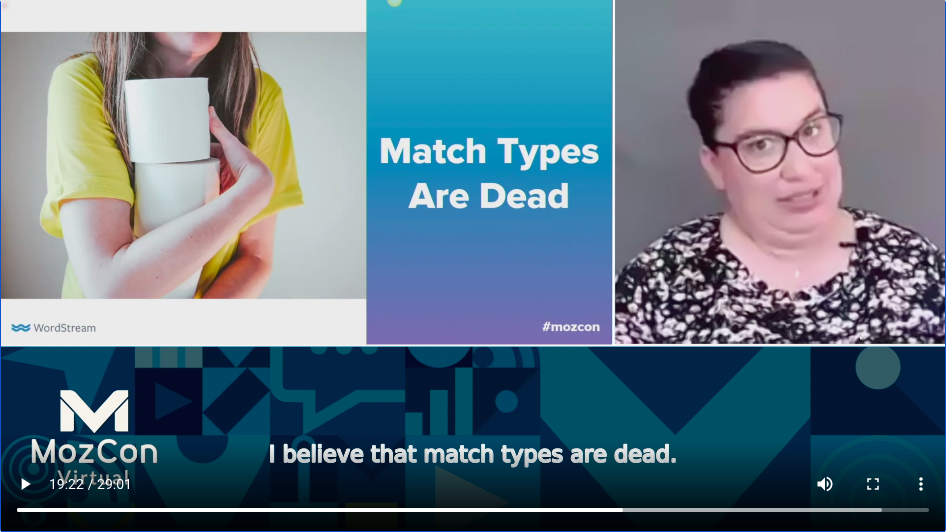 IrisWeeden's tweet photo. @chanchin18 argues that Google AdWords Match Types are dead. Nobody panic! I for one will not be losing sleep over that! #mozcon #digitalmarketing https://t.co/WMcTT7PfHJ