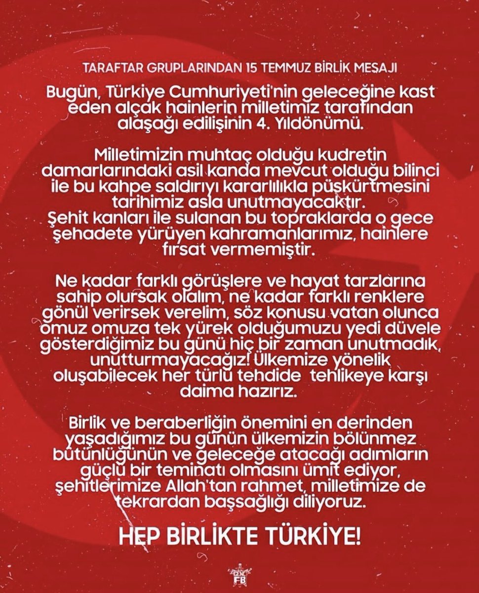 YDUGFB's tweet photo. TARAFTAR GRUPLARININ 15 TEMMUZ BİRLİK MESAJI! #UNIGFB https://t.co/gMjl7Pwu3i
