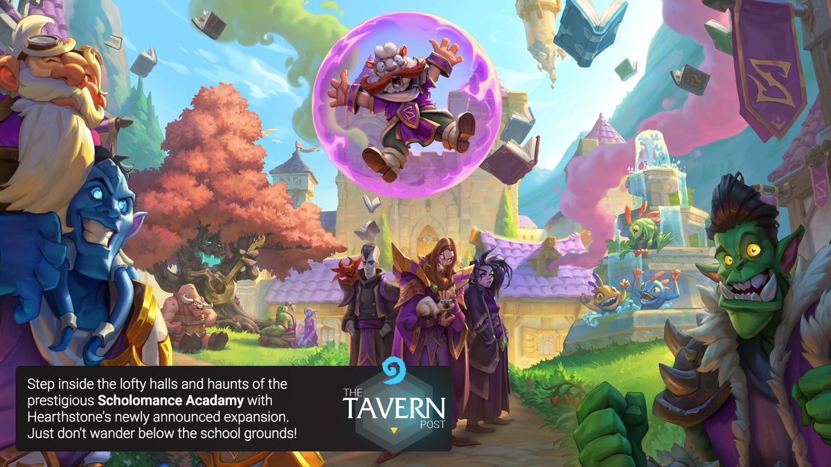 thetavernpost's tweet photo. Within the lofty halls of the prestigious Scholomance Academy, the next generation of great fire flingers, axe swingers, and doom bringers study under the scrutinizing eye of Headmaster Kel’Thuzad. https://t.co/6JxtEDcDme