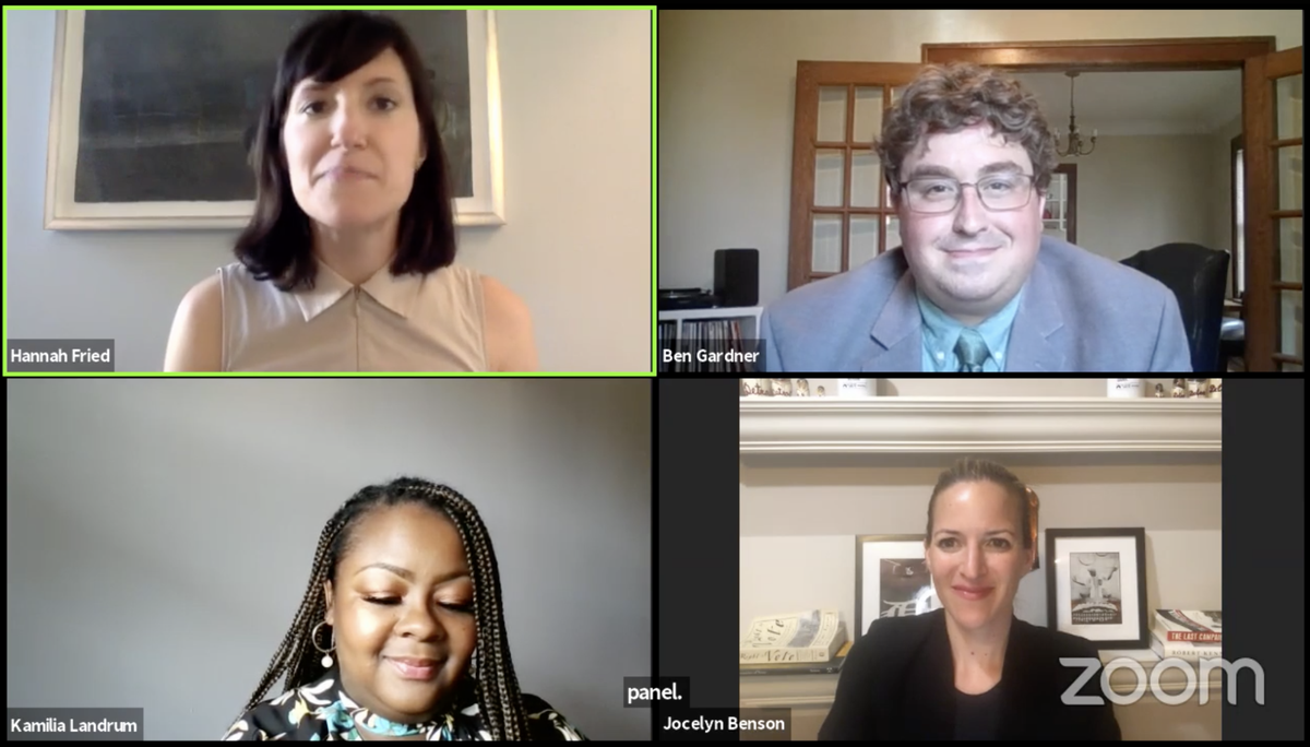 Screenshot of the Facebook Live event, which shows the four participants dialed in via Zoom.