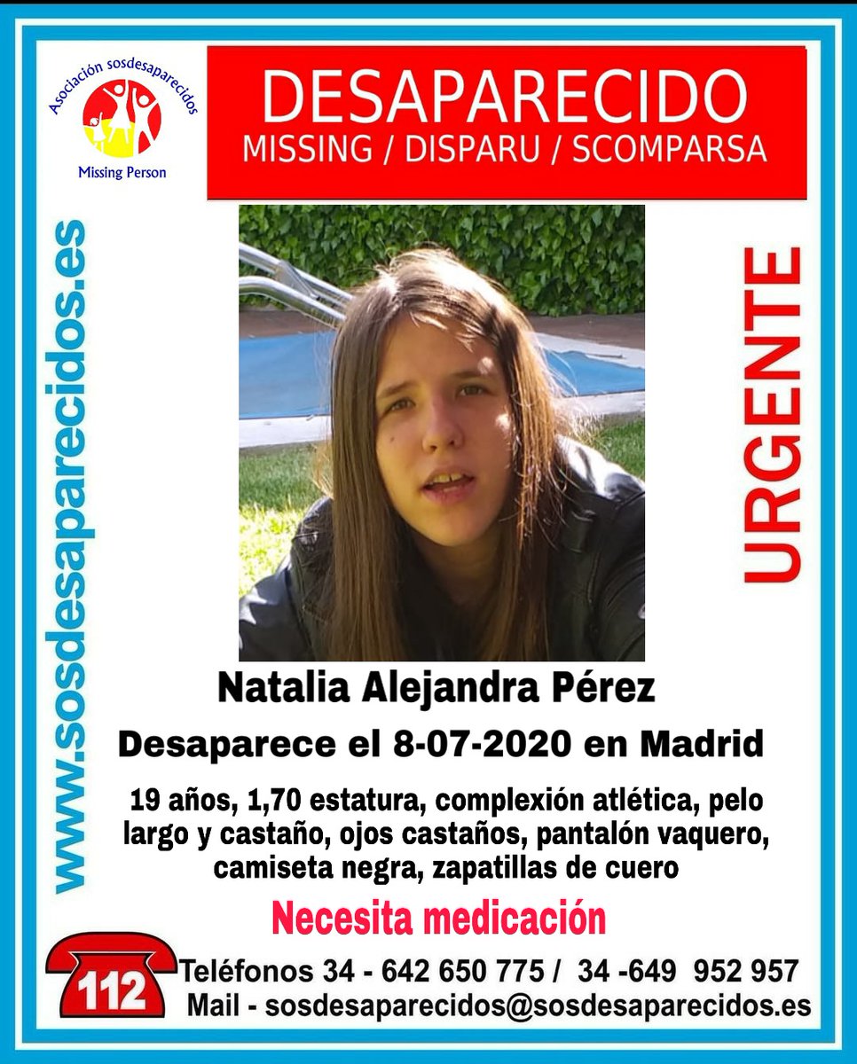 guardiacivil's tweet photo. 🆘MuyUrgente🔴
Natalia necesita medicación y ha #desaparecido en #Madrid
Ayúdanos, si la ves llama:
📞062
📞091
📞092
📞112
Tu RT no cuesta nada y puede ayudar mucho https://t.co/y9X7yTvSXm