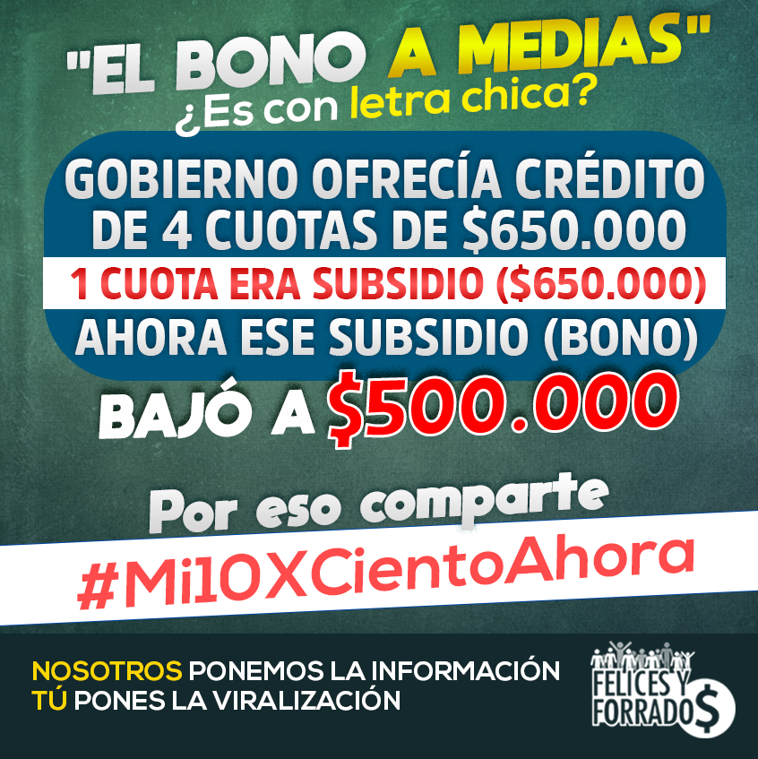 FyFLive_CL's tweet photo. "El #BONO a MEDIAS" ¿Tiene #letrachica?
Lo que la semana pasada era 1 subsidio de $650.000 de parte del #gobierno, hoy es 1 bono de $500.000 a quienes ganaban entre $500.000 y $1.000.0000.- (La 1/2 de los chilenos gana menos de $400.000.-)

Por esto #Mi10XCientoAhora https://t.co/PQoWCGoIJz