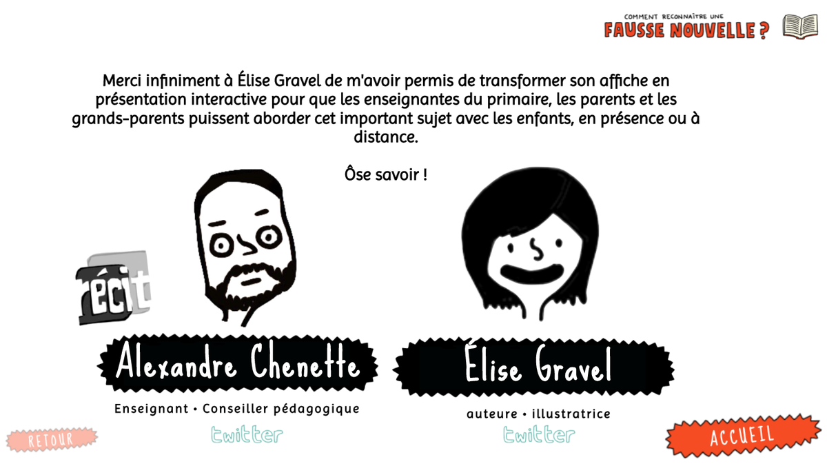 COMMENT RECONNAITRE UNE FAUSSE NOUVELLE ? | monurl.ca/faussenouvelle Présentation interactive pour aborder cet important sujet avec les enfants, en collaboration et grâce à la géniale @EliseGravel  #EduQc #CitNum #infox #education #FakeNews #RecitQc <a href="/Decrypteurs_RC/">Décrypteurs (Radio-Canada)</a>