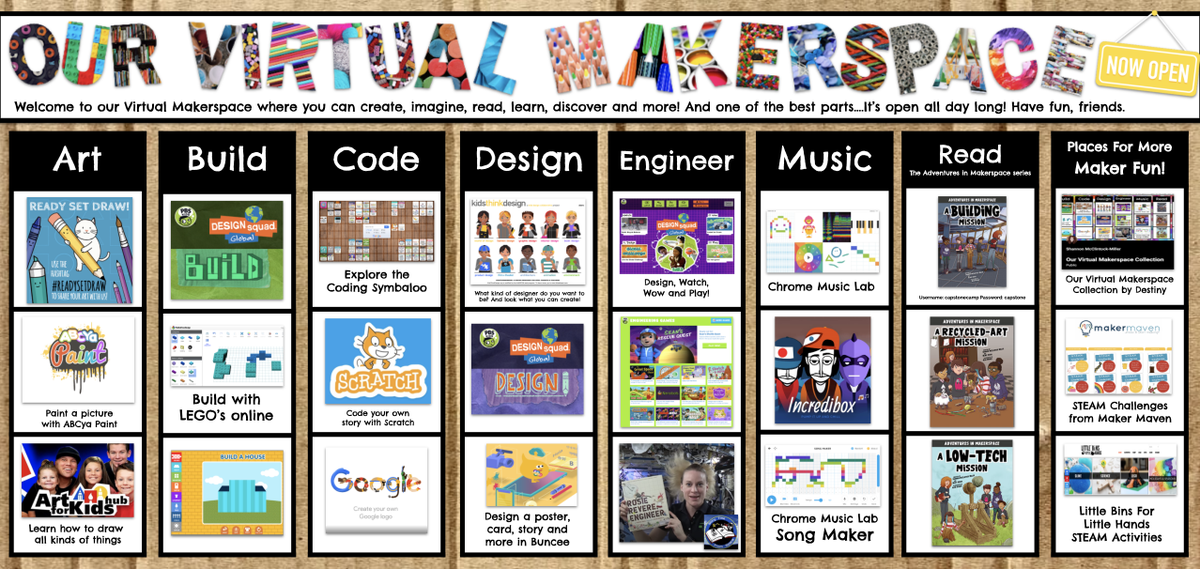 shannonmmiller's tweet photo. @JenWomble A6 This has been something that has been really important for me as I think about keeping our students engaged at home while learning.  I just opened the Virtual #Makerspace for everyone to use too. :) 

https://t.co/UcccZoLAXF 

#FETCchat https://t.co/yQvngVTEzj