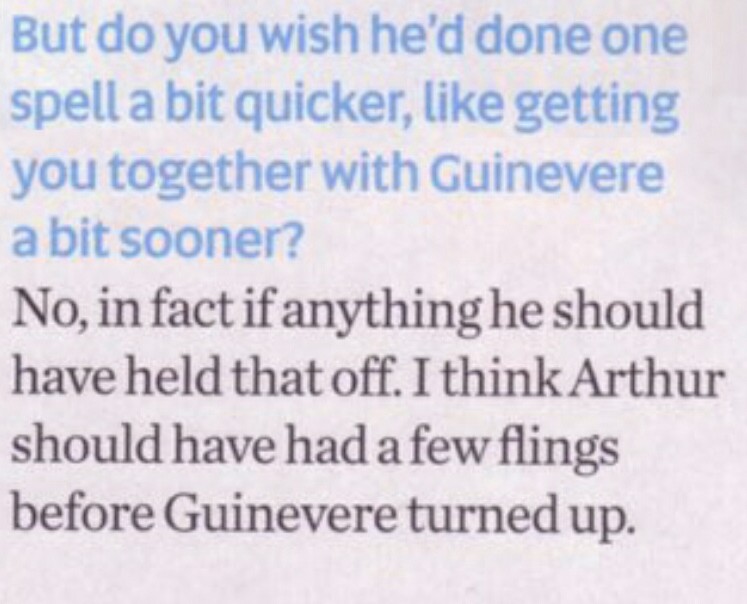 in this interview bradley says arthur should've had a few flings with other women before he ended up with gwen. meanwhile he slutshamed gwen for having a few other love interests before she ended up with arthur.