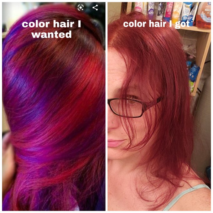 Got my hair dyed tonight, I asked for the colors on the left and got the color on the right 🥺😢 https://t
