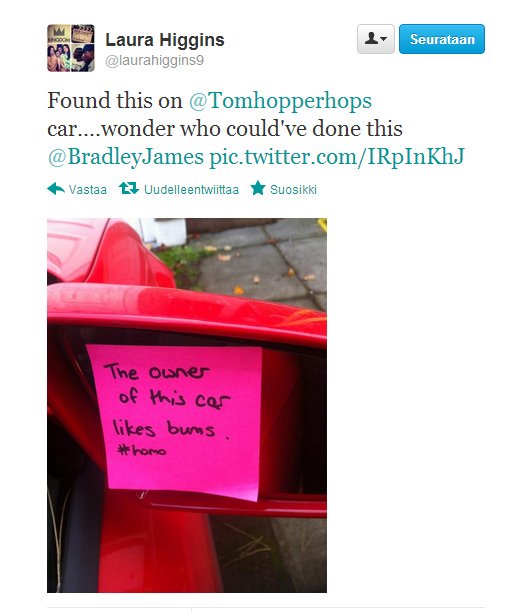 this is a tweet from tom hopper's wife (tom played percival). bradley left a sticky note with a homophobic "joke" on tom's car.