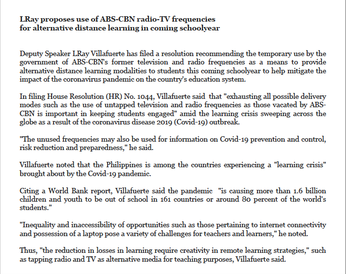 inquirerdotnet's tweet photo. READ: Deputy Speaker Villafuerte recommends government's 'temporary use' of ABS-CBN's prized radio/TV frequencies for distance learning | @deejayapINQ https://t.co/XUyXWOWahW