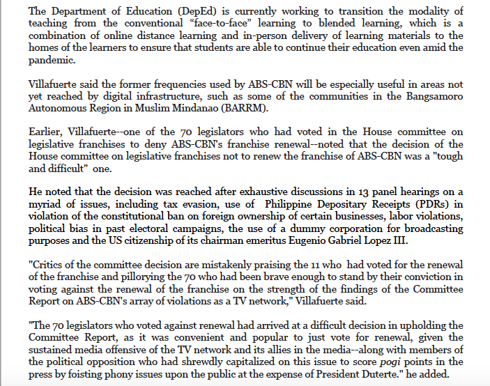 inquirerdotnet's tweet photo. READ: Deputy Speaker Villafuerte recommends government's 'temporary use' of ABS-CBN's prized radio/TV frequencies for distance learning | @deejayapINQ https://t.co/XUyXWOWahW
