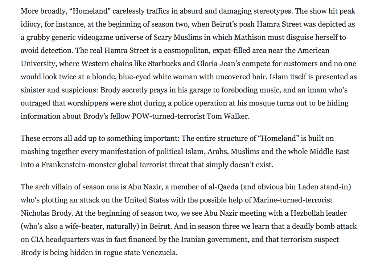this article from the washington post describes why homeland is a deeply problematic show.source:  https://www.washingtonpost.com/posteverything/wp/2014/10/02/homeland-is-the-most-bigoted-show-on-television/?noredirect=on