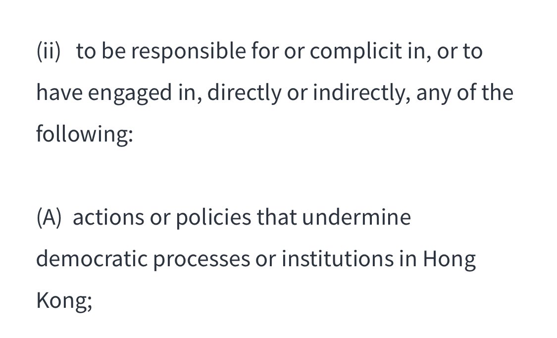 6/n: The order doesn’t end with ending preferential treatments. It has also outlined sanctions to HK and CCP officials, they include persons responsible for- developing, adopting or implementing the  #NationalSecurityLaw- undermining democratic processes and institutions in HK