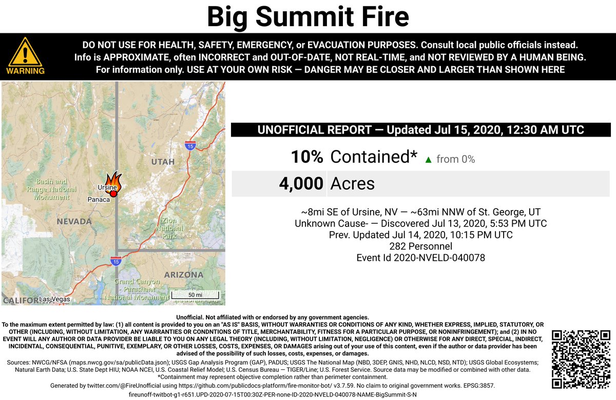 UtahNevFireBot's tweet image. #BigSummitFire 🔥 unofficial, automated update.
~8mi SE of Ursine, NV. ⚠️ DO NOT USE FOR SAFETY PURPOSES - See officials instead. May be incorrect; disclaimers in images.