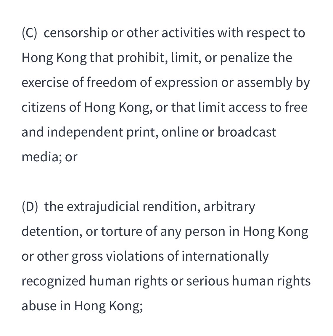 7/n: (cont’d)- threatening the peace, security, stability or autonomy of HK- threatening the HKers basic freedoms of or the free press- human rights abuses in HKIt also targets government entities or other entities that have materially assisted the above behaviour.