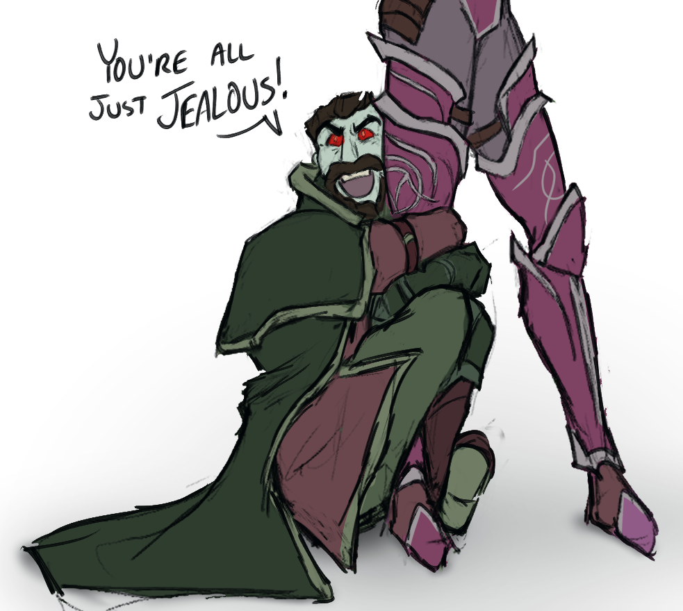 Nathanos Blightcaller hugging the leg of Sylvanas Windrunner while shouting with an angry smile "You're all just jealous!"