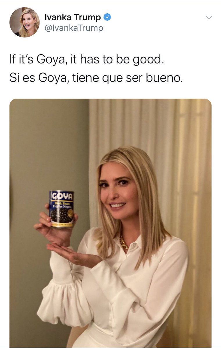 REFrankel's tweet photo. Look! She’s found something new!!! It appears that Ivanka Trump has taken her own advice and switched jobs from... whatever it was she did in the White House, to Goya Spokesperson. Congratulations, Ivanka!!! 

#FindSomeoneNew #IvankaTrump #BoycottGoya @GoyaFoods https://t.co/2wlG3FXGWQ