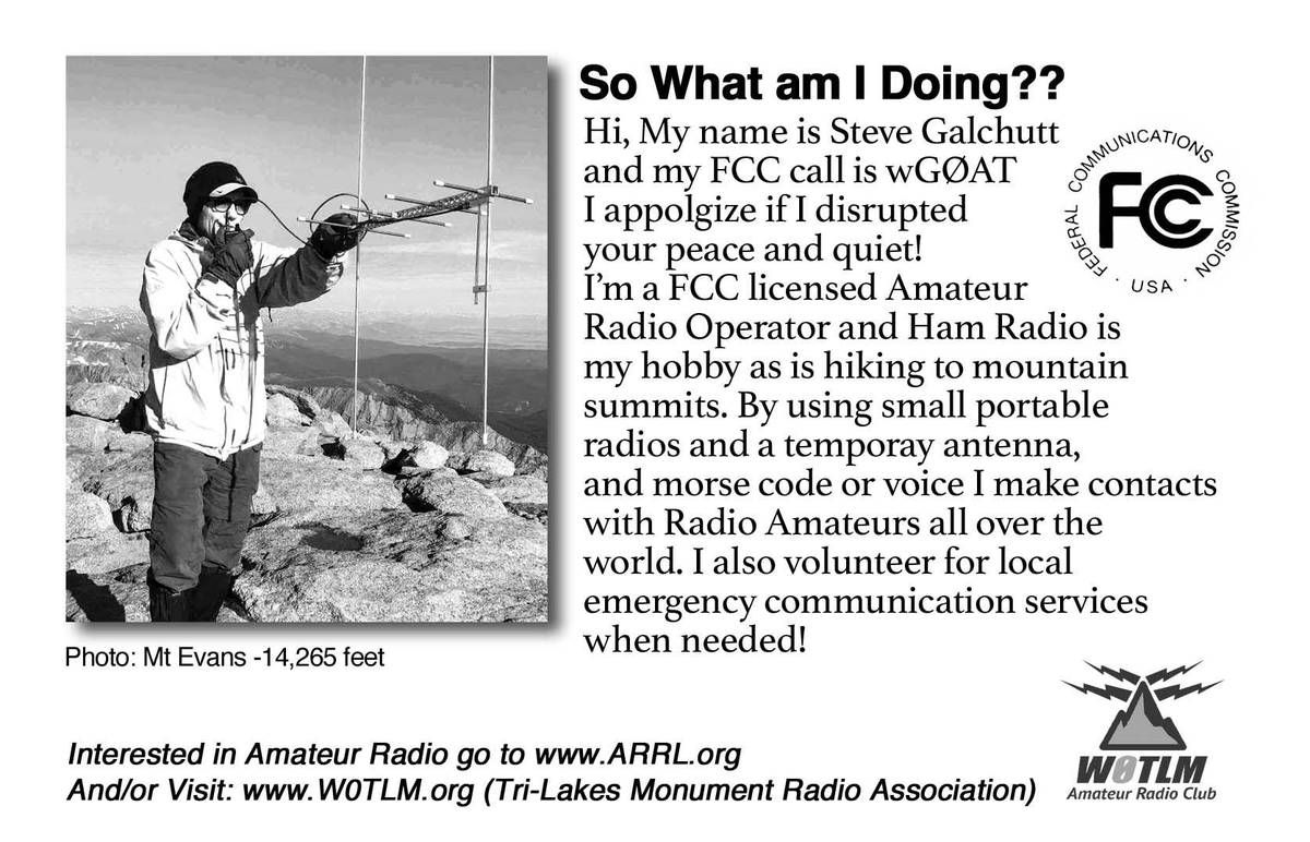 wG0AT's tweet photo. Inspired by Stuart/KB1HQS's trail card here's my version of a "WTH ya Doing" trail-card/handout for when hikers, tourist or Ranger Bob approaches me on the summit while I'm in the heat of the QSO battle! Flip side has more info about SOTA w/QCR scan to website #SOTA #QRP #CW https://t.co/NGokq0YTVa