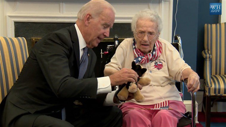 jeneps's tweet image. Just recalled that during the Obama administration, Joe Biden would give out stuffed animal dogs that look like his dog Champ. In these three photos, he’s giving them to the very young and very old.
