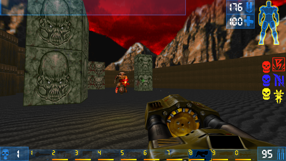 DrGameAndSci's tweet photo. "In 2349, to keep the demon assault at bay, the Linadri Corp. established exhibitions sending skilled warriors into an alternate universe to slay demons for entertainment." -This is #Doom Tournament, a set of mods which include weapons, music, &amp; an announcer! #GZDoom #retrogames https://t.co/6oETYuO3Yu