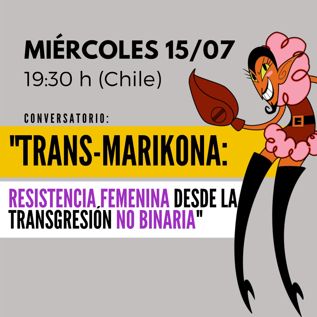 NeutresChileC's tweet photo. Mañana día MierCOLA:
"Trans-marikona: resistencia femenina desde la transgresión no binaria" a las 19:30 a través de la plataforma ZOOM.
Para participar rellenar el formulario en el perfil de @NeutresChileC
 el lugar de las transmarikas en el feminismo de masas, y mucho más! https://t.co/WEZI6m47ti