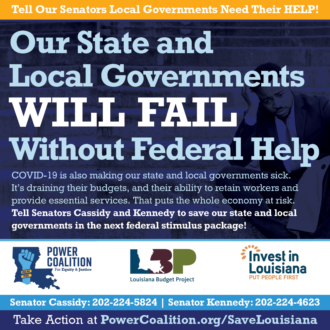  #COVID19 has infected our state & local governments too, draining their resources & destroying their tax base. Without federal support, they'll have to cut the jobs & essential services our families & businesses rely on.Tell  @BillCassidy &  @SenJohnKennedy to save Louisiana!