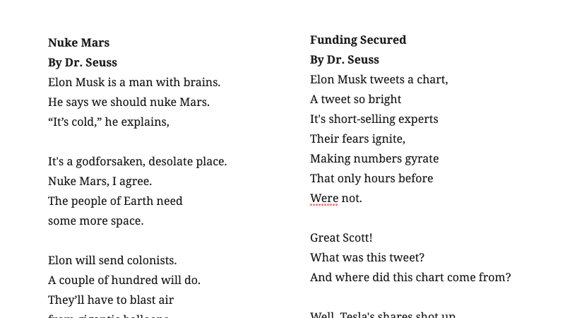 Arram Sabeti I Used Openai S Gpt 3 To Write Dr Seuss Poems About Elonmusk I Suggest Reading Them Out Loud T Co Fv5jszu8lo T Co Hnakrz4edx