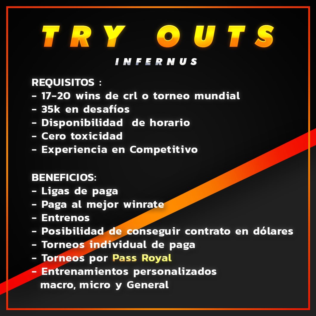 SPONSOR OFICIAL
SE LES ESTARÁ DANDO CONTRATO A LOS MEJORES Jugadores
Infernus Team está en busca de jugadores competitivos dispuestos a mejorar y dar un paso grande en los eSports. 
Contamos con grandes Beneficios
MANDAR MD  A 
<a href="/DarkLara05/">Dark lara05</a> 
@Killer_036 
Serán laFecha=19/7/20