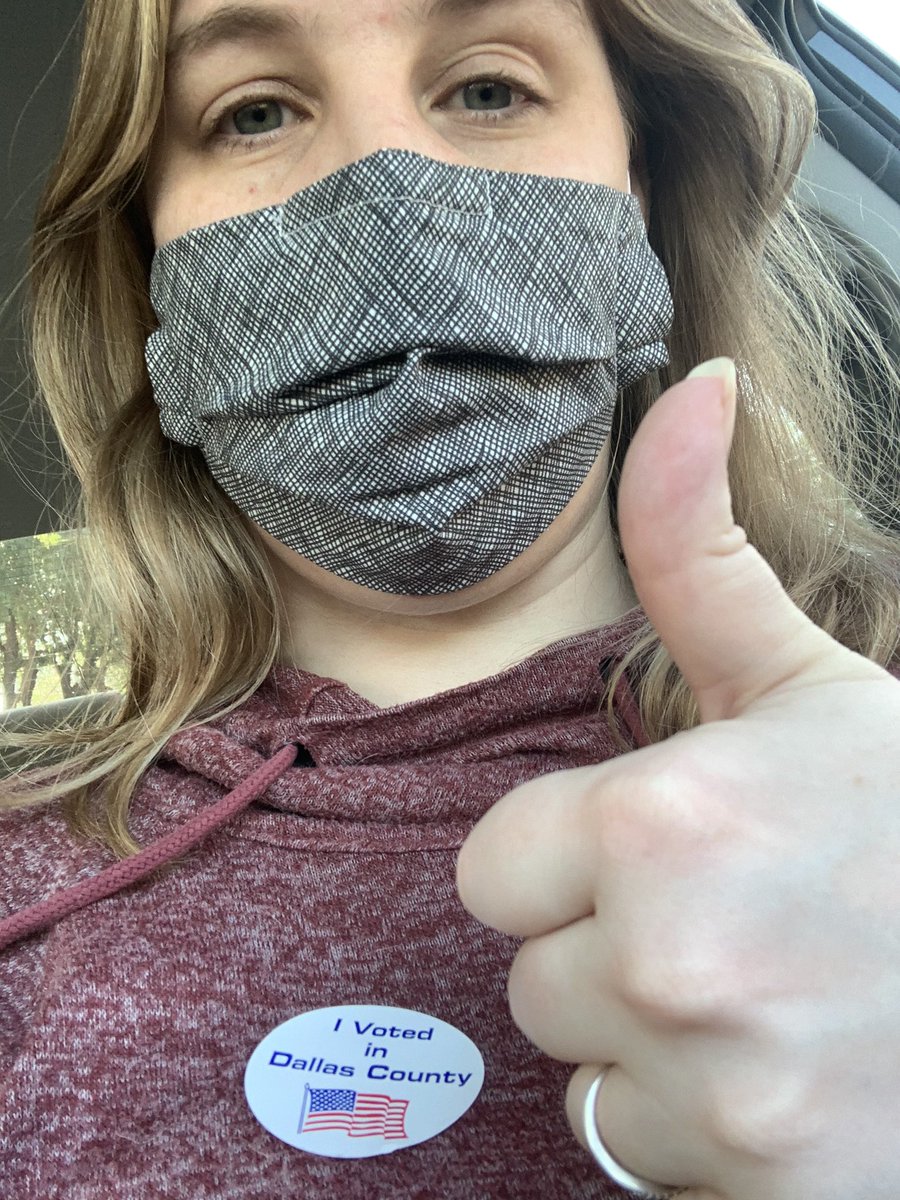 SHannaAddams's tweet photo. Hey Texans, still ~1 hour to get to your polling place and vote! At my location, there was sanitizer at the entrance, taped off marks for distancing, and all poll workers (and the 1 other voter) were wearing masks! #vote https://t.co/0Rz8egL4Gp