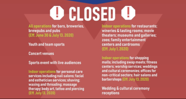 CtyLakeElsinore's tweet photo. Yesterday, the Governor issued more orders to close indoor operations for certain businesses. Some orders were expanded Statewide, while others were restricted to various counties including Riverside County.
#BeSafeLE #BeHealthyLE #LakeElsinore #coronavirus https://t.co/SBWbhUSh2N