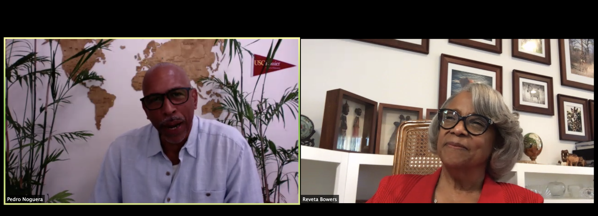 b_ouimette's tweet photo. What a treat to be hearing a conversation between the incredible @PedroANoguera and @RevetaBowers . Always proud to be @USCRossier alum! https://t.co/YObqfaDf0M