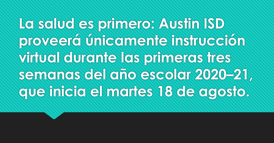 EducaAustin (@educaaustin) on Twitter photo Debido a las condiciones de salud pública en el condado de Travis, <a href="/AustinISD/">Austin ISD</a> suspenderá la educación en persona y proveerá instrucción virtual durante las primeras tres semanas del año escolar 2020–21. Anuncio oficial en austinisd.org/announcements/… Debido a las condiciones de salud pública en el condado de Travis, <a href="/AustinISD/">Austin ISD</a> suspenderá la educación en persona y proveerá instrucción virtual durante las primeras tres semanas del año escolar 2020–21. Anuncio oficial en austinisd.org/announcements/…
