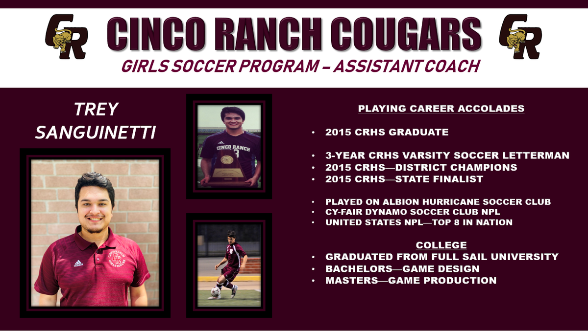 ChrisDudley40's tweet photo. Welcome back to a familiar face and name!  Trey Sanguinetti will be joining the coaching ranks as one of our assistant girls soccer coaches.  He is the son boys head coach, Fredy Sanguinetti.  Trey helped lead our soccer program to great heights during his time here at CRHS. https://t.co/QV4Uml8AXF