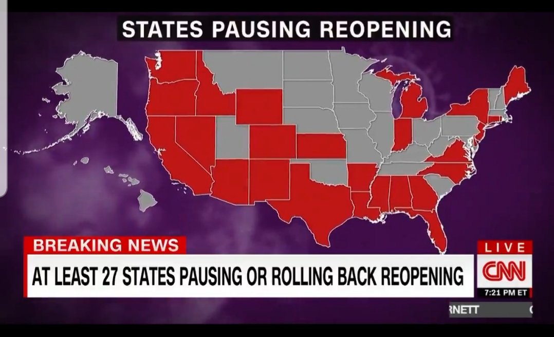 Tmeyer2008's tweet photo. 27 states pause or rollback reopening. @henrymcmaster , look at this map !!! Why is #SC always the last state in the south to do anything? Answer: Because you refuse to act. Your standing still is killing us and our economy. #MandateMasks now, #ShutDownSC (map from @OutFrontCNN ) https://t.co/YogVRns0mR