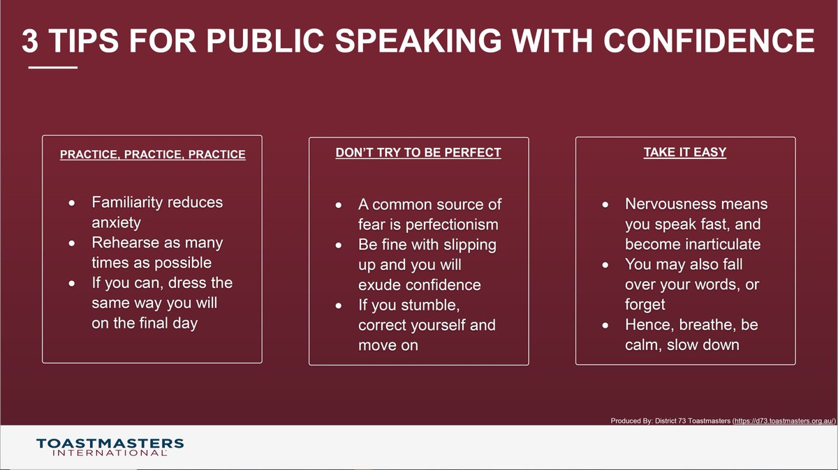 d73tm's tweet photo. #publicspeaking with #confidence isn’t easy for most.

But, becoming a confident speaker isn’t impossible.

Ralph Waldo Emerson had said, “ALL GREAT SPEAKERS WERE BAD SPEAKERS AT FIRST.”

Next time you present, remember his words &amp; the tips below.

#Toastmasters #tipsforspeakers https://t.co/uyAYLYUFrF