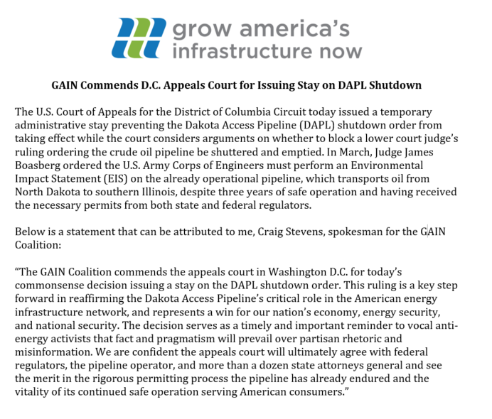 GAINNowAmerica's tweet photo. GAIN's statement on the U.S. Court of Appeals for the District of Columbia Circuit's issuing of a temporary administrative stay preventing shutdown of #DAPL. https://t.co/CATe0r1BpV https://t.co/7P2rL51Rn9